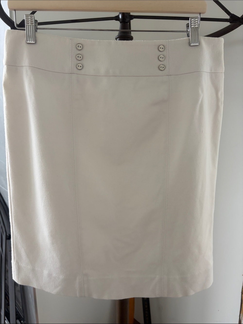 White House Black Market Cream Pencil Skirt with Button Waist Detail